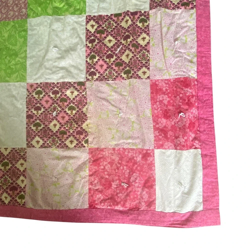 Handmade Patchwork Quilt Pink Green Floral Damask Tied Bedding Cottagecore King